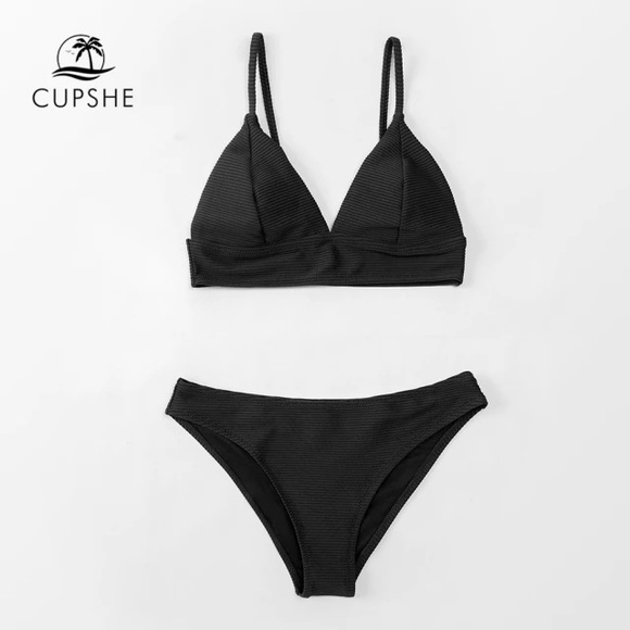 NEW Black Ribbed Triangle Low Waist Bikini Set Size Medium - Picture 3 of 6